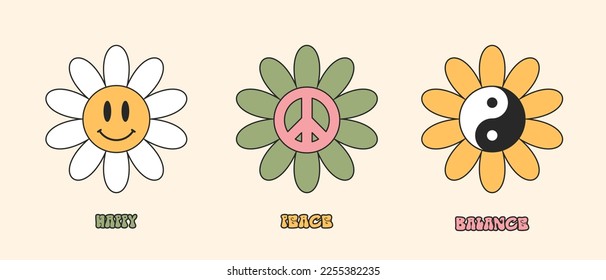 Yin yang symbol with flower for love. yin yang, happy face and peace symbol. Cartoon illustration or print for t-shirt design