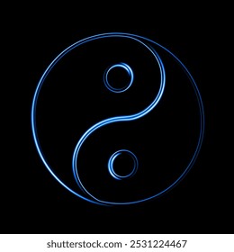 El símbolo yin y yang brilla en tonos azules, ilustrando el equilibrio de los opuestos entrelazados dentro de un diseño circular