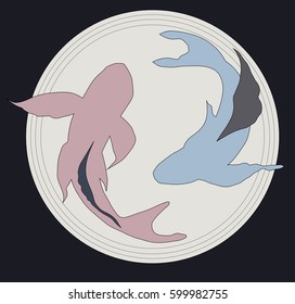 Yin yang symbol of harmony and balance with pink and blue koi fish, like for boy and girl, isolated on light warm gray circle. Vector illustration. Element for design of invitations and other objects.