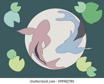 Yin yang symbol of harmony and balance with pink and blue koi fish, swimming in garden lake. Isolated on light beige circle. Vector illustration. Element for design of invitations and other objects.