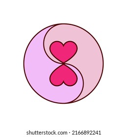 Yin Yang symbol with hearts. Colored vector illustration on a white background. Outline and line style.