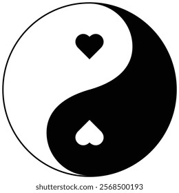 Yin and Yang symbol with hearts representing balance and love. Black and white color simple flat style design.