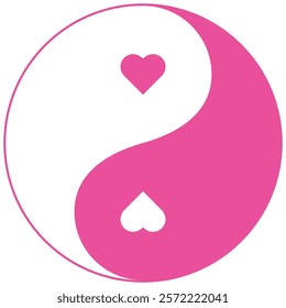 Yin and Yang symbol with hearts, representing balance and love. Pink color simple, elegant design perfect for various applications.