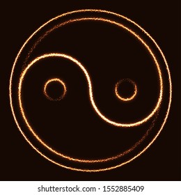 Yin yang symbol icon with glow and glitter in golden color on dark background. Vector illustration.