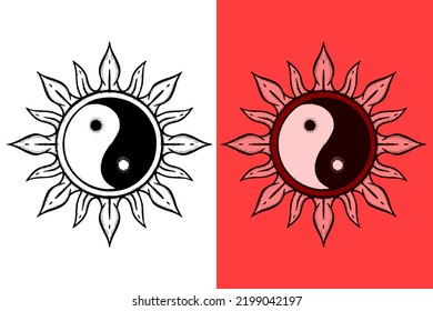 Yin-Yang-Symbol Illustration handgezeichnet Cartoon Vintage-Stil Vektorgrafik