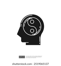 Yin Yang symbol inside a human head, mindfulness, mental health and well-being concept icon in line art style