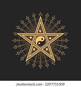 Yin Yang symbol inside of pentagram star with moon and crescent around. Vector Buddhism religious or occult tarot sign, harmony, male and female beginnings. Amulrt, talisman, tattoo design