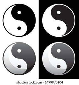 Yin Yang symbol isolated vector Illustration, in solid black and white, plus  gradient version, on dark and light background