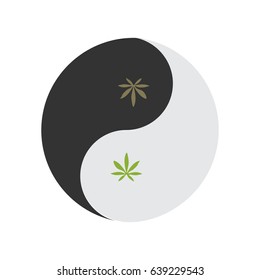 Yin and yang symbol also known as Taijitu as a symbol of harmony with weed leaf. Medical cannabis or marijuana consumption symbol or icon.