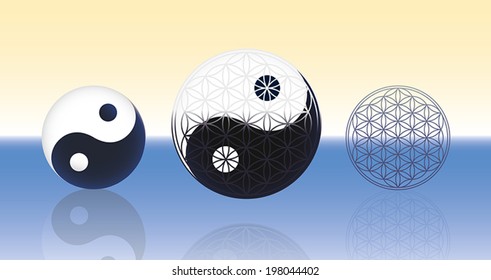 Yin Yang symbol (left) and Flower of life symbol (right) combined in one emblem in the center. They are floating over the water surface of the blue sea. Vector illustration on gradient background.