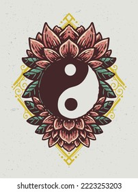 Símbolo de Yin yang con ilustración de estilo vintage de loto