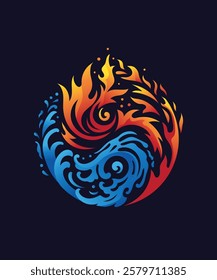 Yin and yang symbol made of fire and water on dark background,The elements of water and fire can inspire each other, and the combination of the two can be dynamic and fascinating.