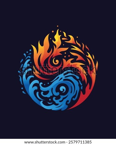 Yin and yang symbol made of fire and water on dark background,The elements of water and fire can inspire each other, and the combination of the two can be dynamic and fascinating.