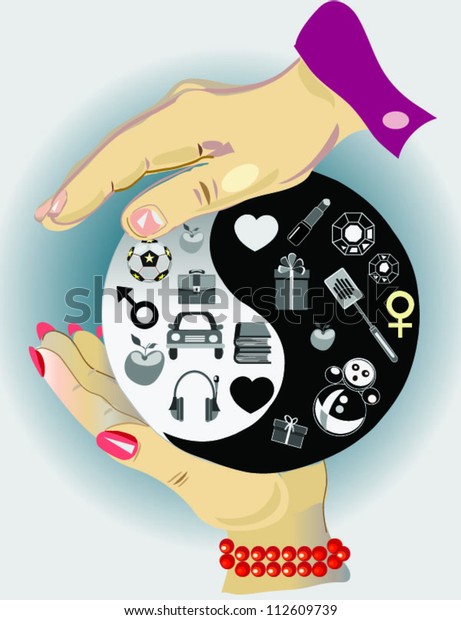 yin yang symbol and man,woman\
hands,decorative\
background.