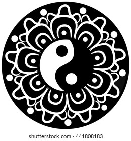Yin yang symbol on abstract mandala background.