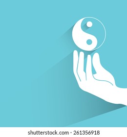 yin yang symbol on blue background, flat and shadow theme