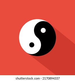 Símbolo Yin yang sobre fondo rosado carmín. Ilustración vectorial del icono blanco y negro de taijitu.