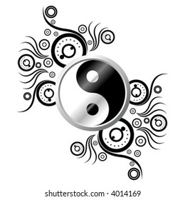 Yin and Yang symbol ornamented with abstract pattern over white background