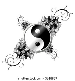 Yin and Yang symbol ornamented with flowers over white background