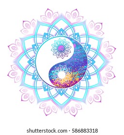 Yin yang symbol painted bright pastel paint mandala on white background. Yin yang symbol.