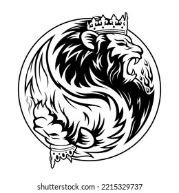 Yin Yang symbol pattern. The head of the King and Queen lion is black and white. Design for a logo or icon. Vector illustration.