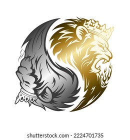 Yin Yang symbol pattern. The head of the King and Queen lion is gold and silver. Design for a logo or icon. Vector illustration.