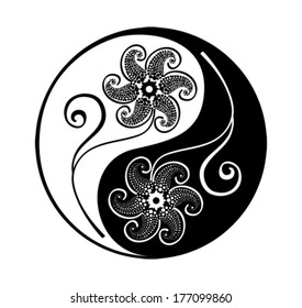 Yin yang symbol with patterned flowers, vector