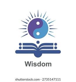 Yin yang symbol radiating light above open book with wisdom text in modern blue design on white background