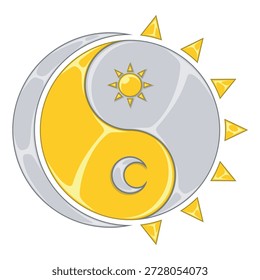 Yin Yang symbol representing the duality of day and night with the sun and moon. Concept of universal balance, natural cycles, and cosmic harmony in a detailed illustration