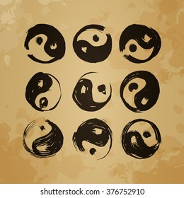 Yin yang symbol Set of 9 characters (paper texture). Ink stains. Japanese calligraphy. The image can be used as prints, logo, cards, textiles, template, yoga products
