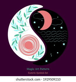 Yin Yang symbol set, day and night, sun and moon, unity and opposite. Vector drawing for design of an esoteric session.