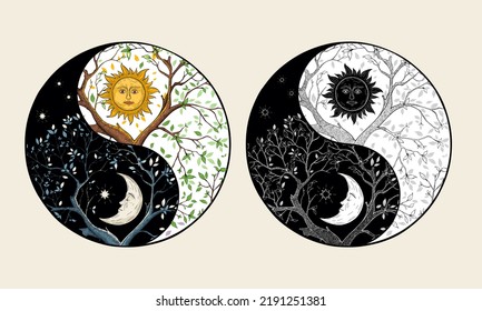 Símbolo Yin Yang, árbol de la vida, día y noche, sol y luna, unidad y opuesto
