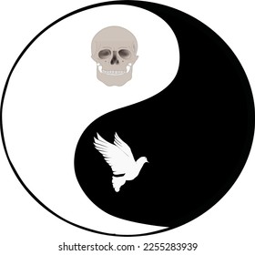 Yin and Yang Symbol with a skull and a white dove, vector drawing