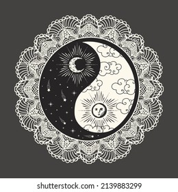 yin yang symbol with sun and moon, day and night