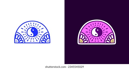 Yin yang symbol and sunflower, illustration for logo, t-shirt, sticker, or apparel merchandise. With doodle, retro, groovy, and cartoon style.