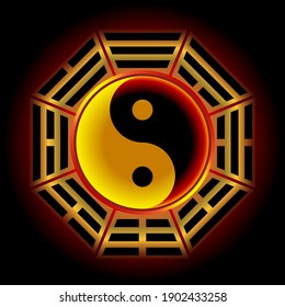 The Yin Yang symbol is surrounded by the i ching (book of changes) symbol. By making it out to have a reddish black tone