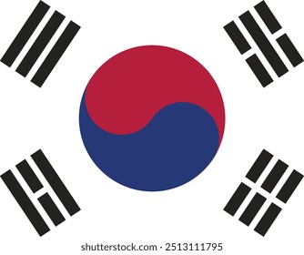 El símbolo yin yang, Taeguk, Cuatro trigramas negros, Geon, Gon, Gam, Ri, símbolos clave en la bandera de Corea del Sur