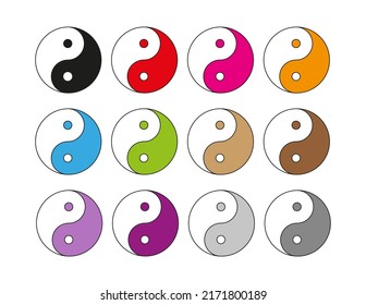 Símbolo de Yin yang, símbolo tradicional de taijitu chino, conjunto de doce diseños coloridos