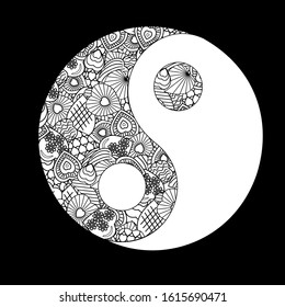 Yin Yang symbol in the technique of collage of hearts black and white color combination, black background, vector