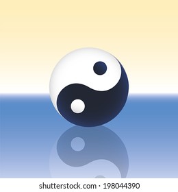 Yin Yang symbol - three-dimensional shape - floating calmly over the water surface of the blue sea. Vector illustration on gradient background.