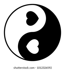 Yin Yang symbol with two hearts, black and white vector illustration.