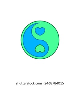 Yin Yang symbol with two hearts inside. Blue and green colors. Vector illustration on a white background.