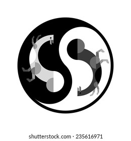 Yin yang symbol with two running squirrels. Conceptual illustration of endless harmony, balance and movement.