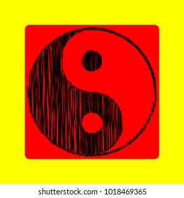 Yin Yang symbol. Vector. Black scribble icon in red container with rounded corners at yellow background. Isolated.