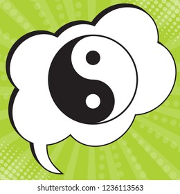 Yin Yang symbol. Vector. Black icon in speech bubble at popart yellow green background.