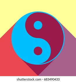 Yin Yang symbol. Vector. Deep sky blue icon with two flat violet and raspberry semitransparent shadows on canary background.