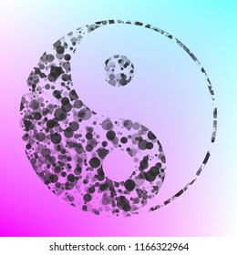 Yin Yang symbol. Vector. Gray icon with bubbled texture at color background with pink and sky blue corners.