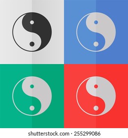 Yin yang symbol vector icon. Effect of folded paper. Colored (red, blue, green) illustrations. Flat design