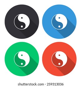 yin yang symbol vector icon - colored(gray, blue, green, red) round buttons with long shadow