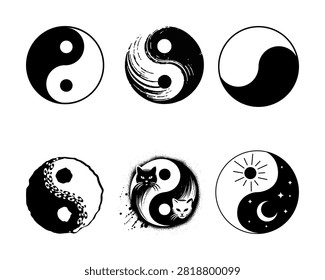 Yin Yang Symbol Vector Illustration Set Black and White Daoism Balance Harmony Dualism Zen Philosophy Spiritual Icon Collection Isolated Design Element Background EPS